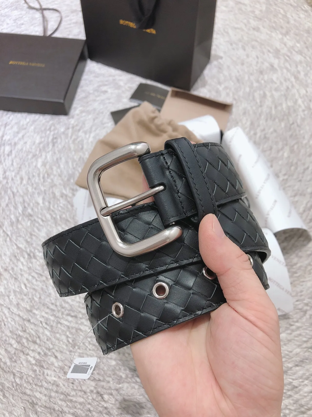 Bottega Veneta Cinto de couro com fivela retangular Intrecciato tecido preto e prata 6