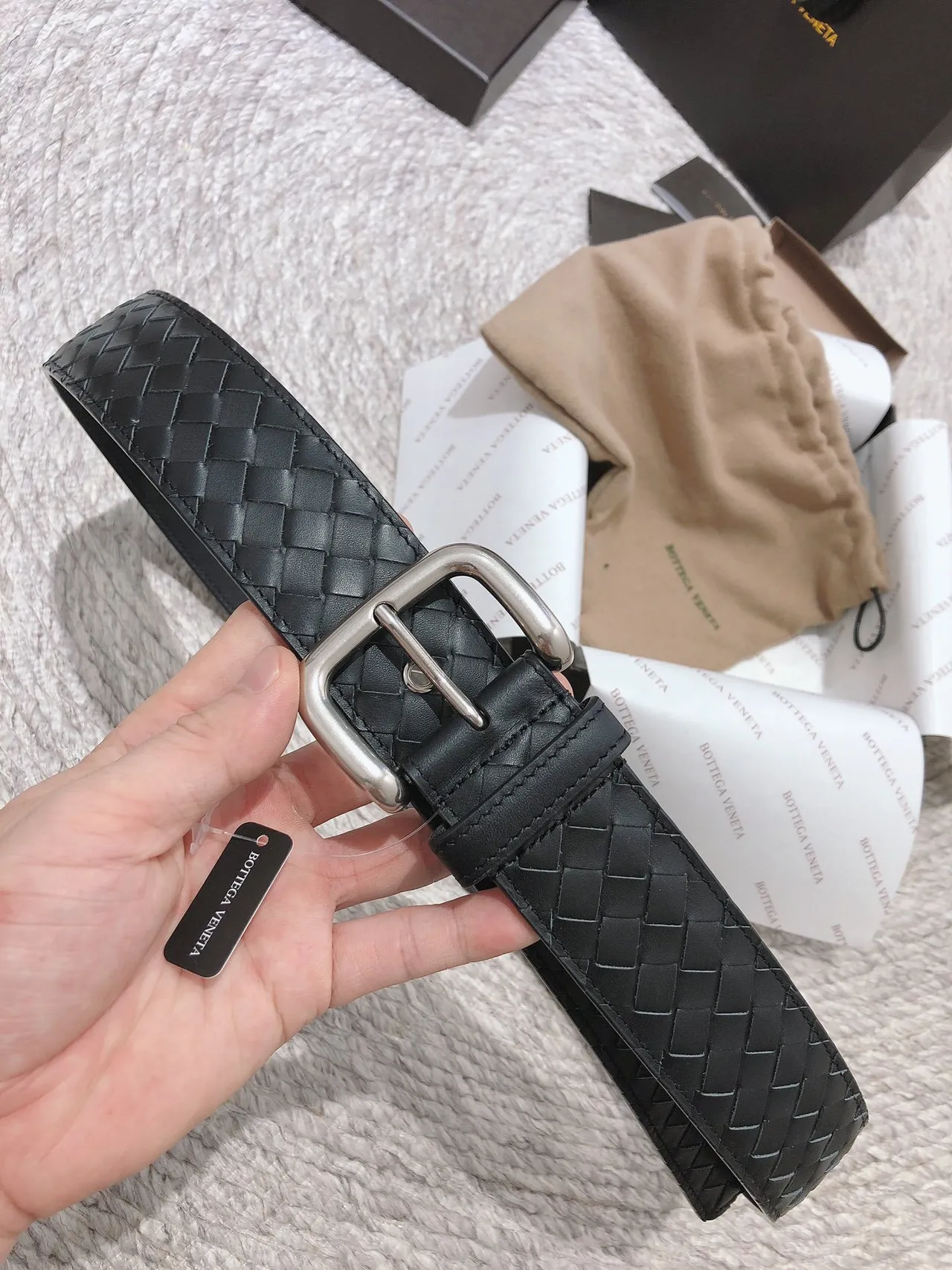 Bottega Veneta Cinto de couro com fivela retangular Intrecciato tecido preto e prata 8
