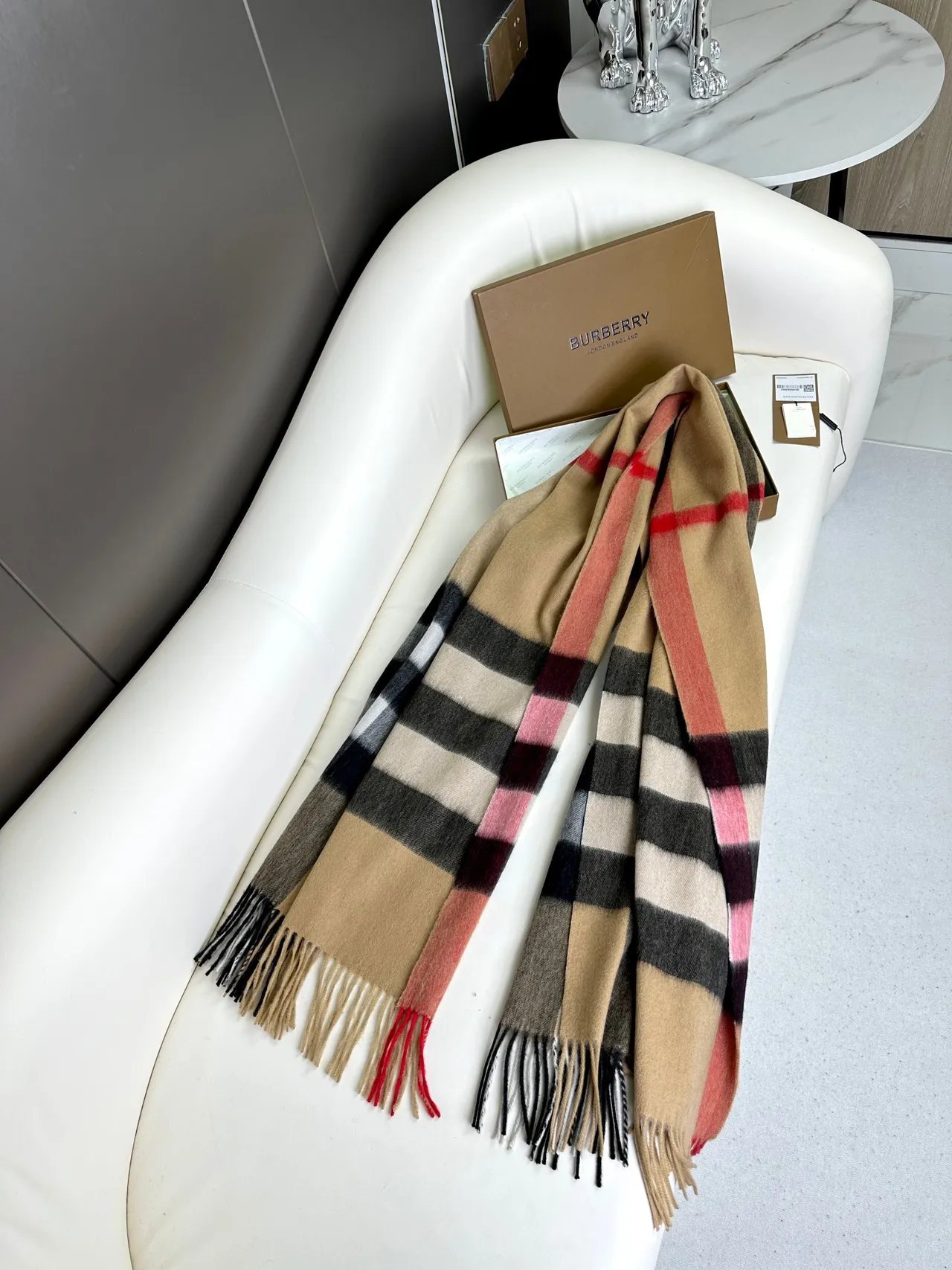 Burberry Beige Black Large-Scale Check Pattern Woven Texture Cashmere Scarf 7