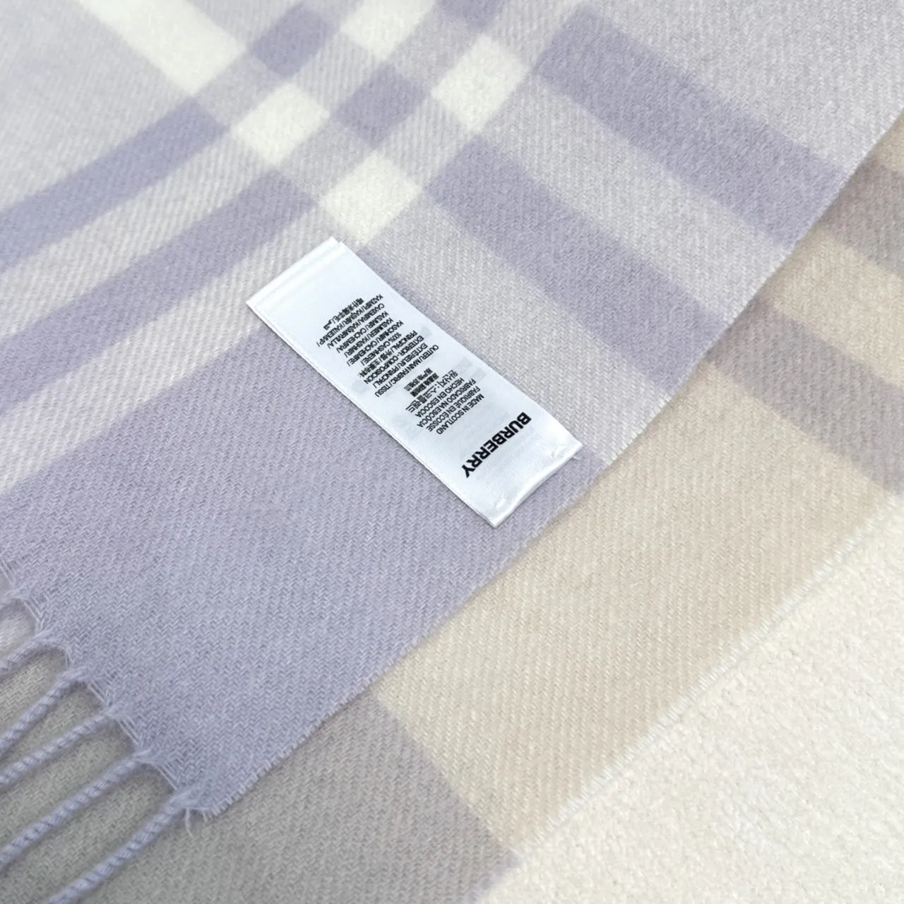 Burberry Beige Purple Plaid Check Fringed Ends Cashmere Scarf 2