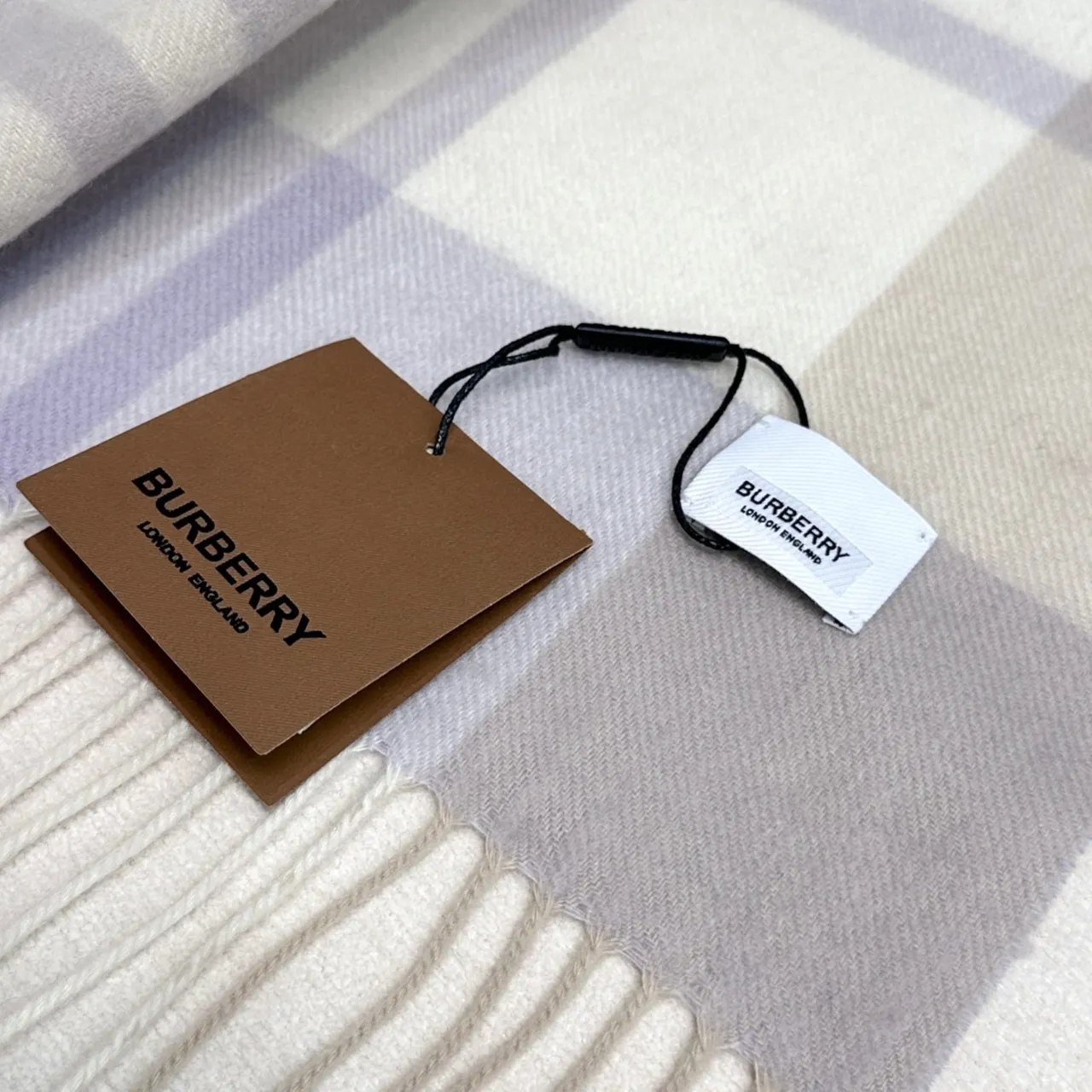 Burberry Beige Purple Plaid Check Fringed Ends Cashmere Scarf 7