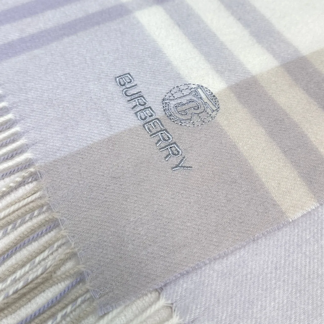Burberry Beige Purple Plaid Check Fringed Ends Cashmere Scarf 8