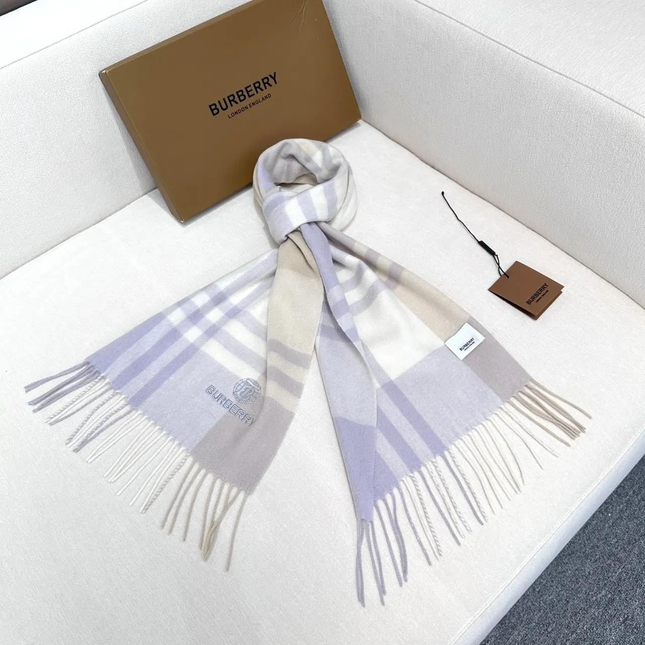 Burberry Beige Purple Plaid Check Fringed Ends Cashmere Scarf 9
