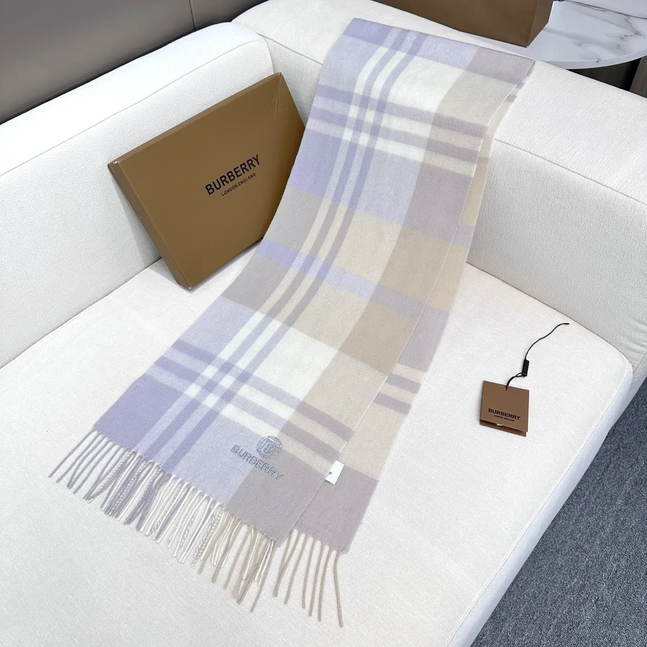 Burberry Beige Purple Plaid Check Fringed Ends Cashmere Scarf 4
