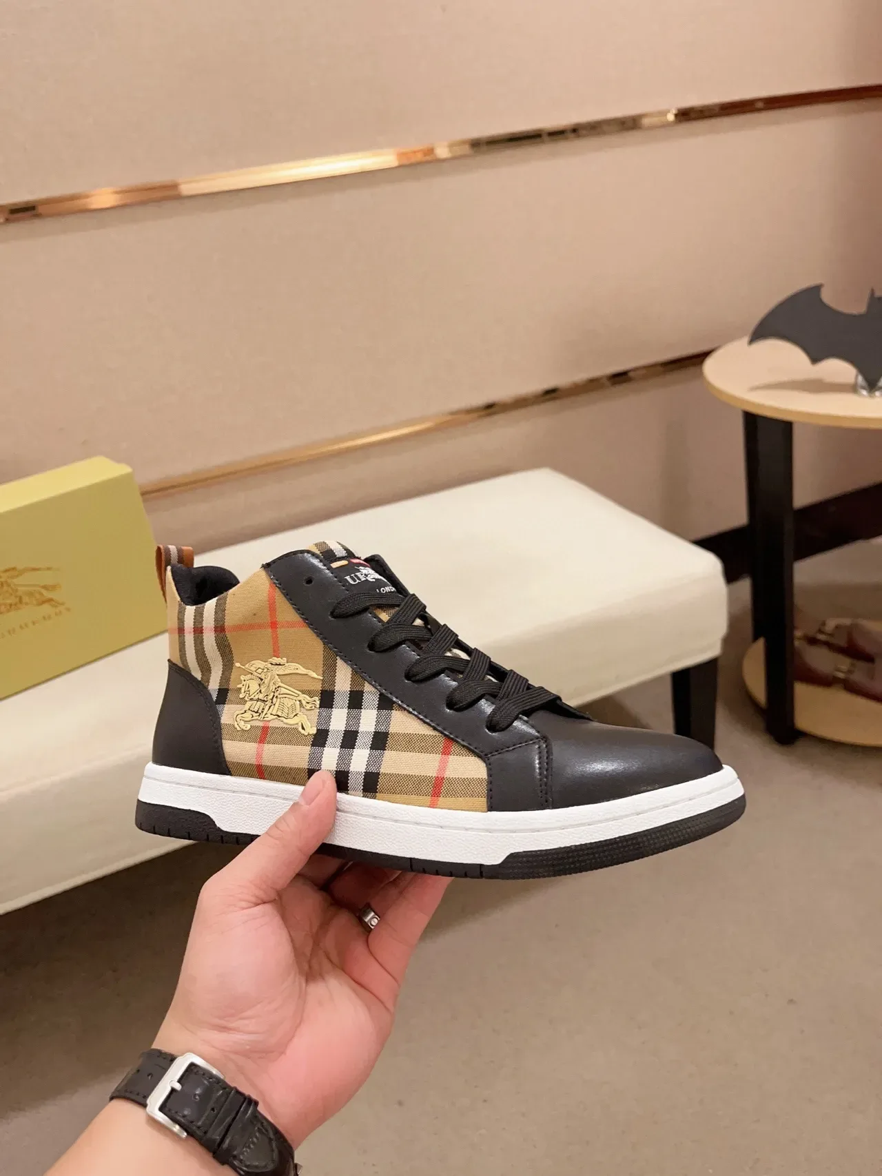 Burberry Noir Beige Hautes en Cuir et Tissu à Carreaux Sneakers Lifestyle 7