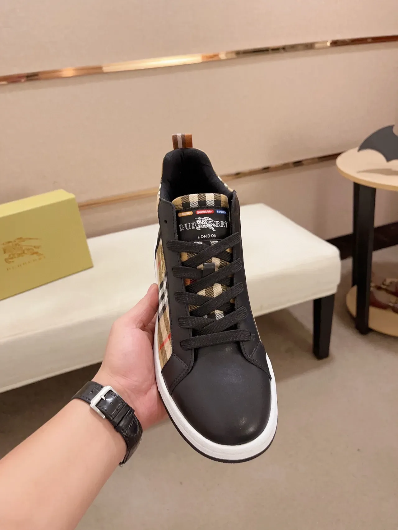 Burberry Noir Beige Hautes en Cuir et Tissu à Carreaux Sneakers Lifestyle 9