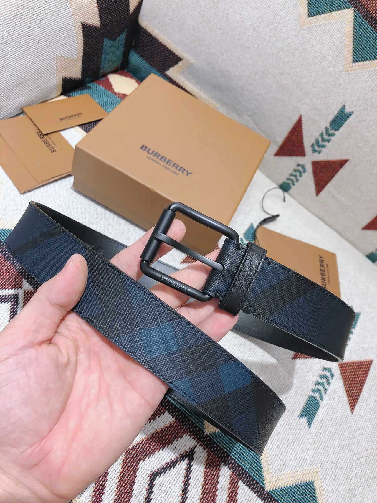 Burberry Black Matte Buckle Tonal Check-Patterned Leather Belt 2