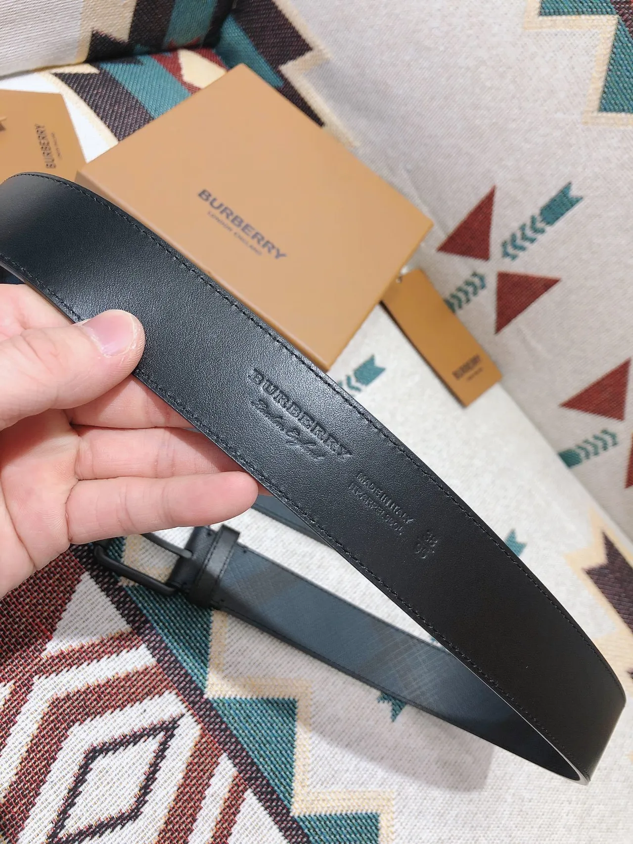 Burberry Black Matte Buckle Tonal Check-Patterned Leather Belt 3