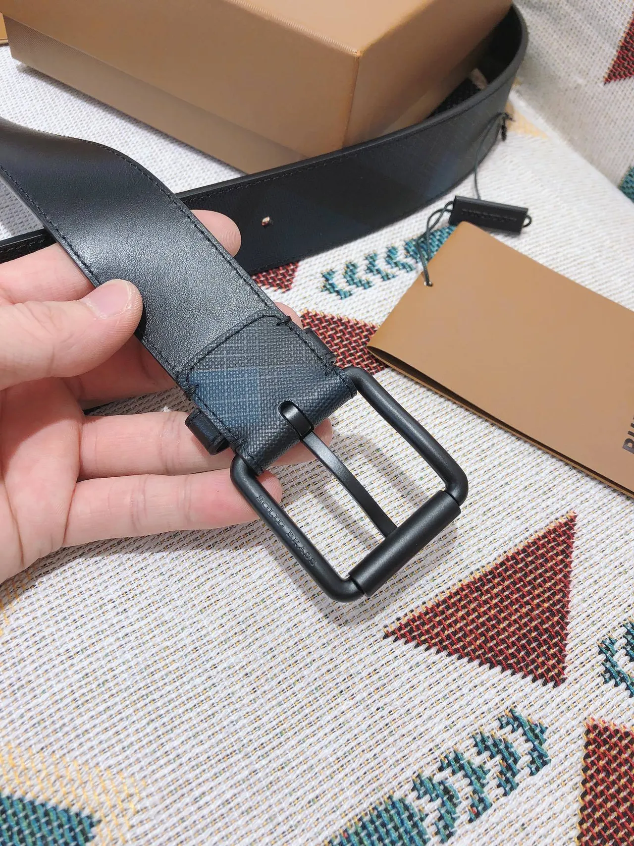 Burberry Black Matte Buckle Tonal Check-Patterned Leather Belt 5