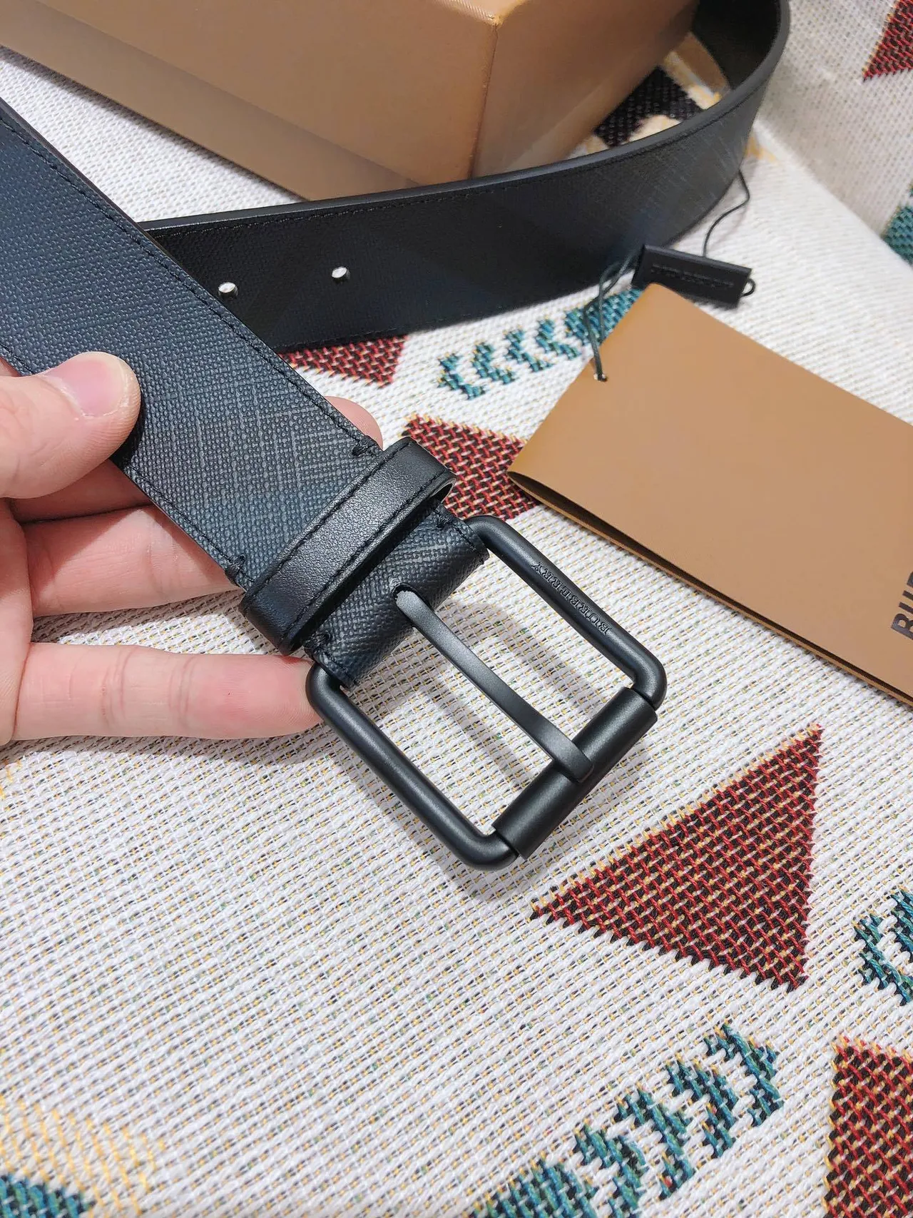 Burberry Black Matte Buckle Tonal Check-Patterned Leather Belt 6