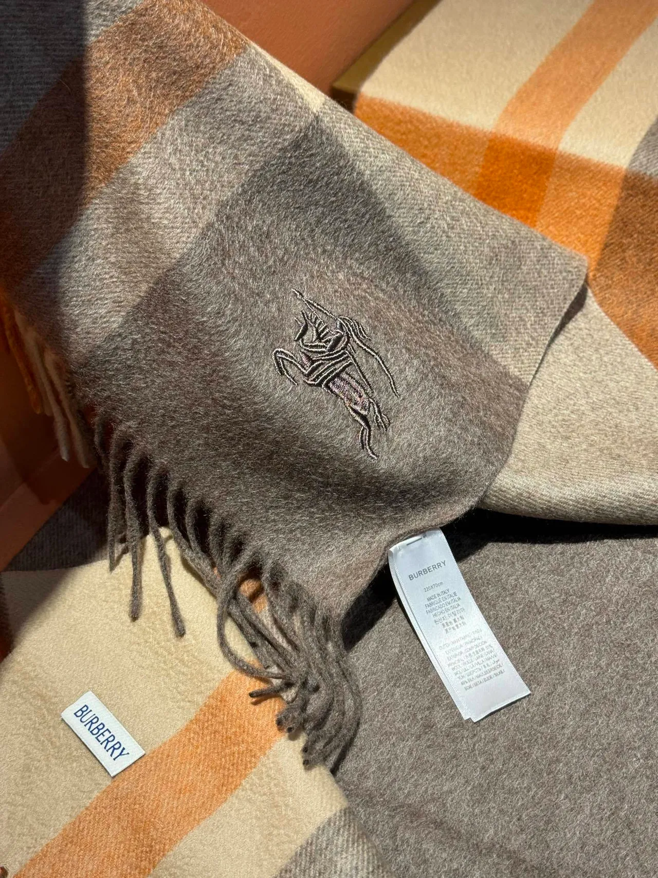 Burberry Gray Beige Color-Blocked Embroidered Logo Cashmere Scarf 8
