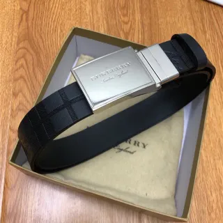 Burberry Knight Black Silver Embossed House Check Pattern Brushed Rectangular Buckle Leather Belt