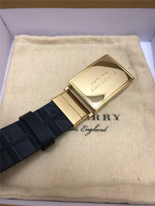 Burberry Knight Black Silver Embossed House Check Pattern Brushed Rectangular Buckle Leather Belt 3