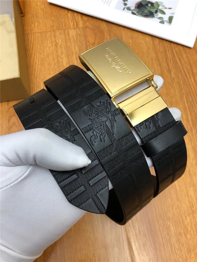 Burberry Knight Black Silver Embossed House Check Pattern Brushed Rectangular Buckle Leather Belt 8