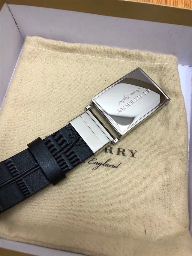 Burberry Knight Black Silver Embossed House Check Pattern Brushed Rectangular Buckle Leather Belt 11