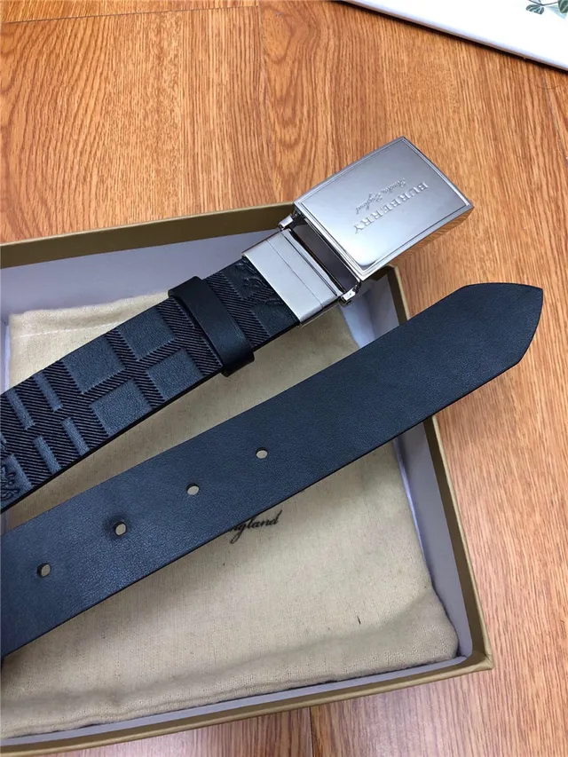 Burberry Knight Black Silver Embossed House Check Pattern Brushed Rectangular Buckle Leather Belt 12