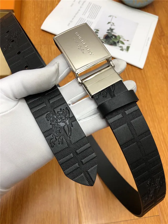 Burberry Knight Black Silver Embossed House Check Pattern Brushed Rectangular Buckle Leather Belt 13