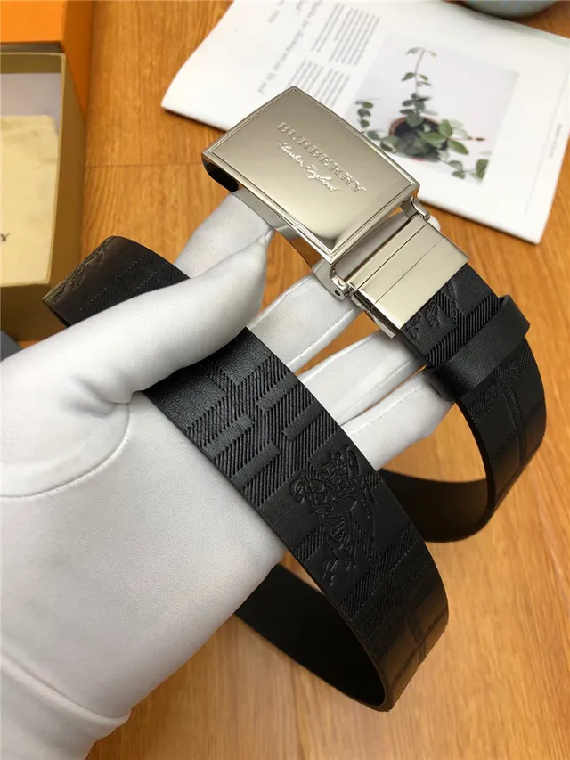 Burberry Knight Black Silver Embossed House Check Pattern Brushed Rectangular Buckle Leather Belt 15