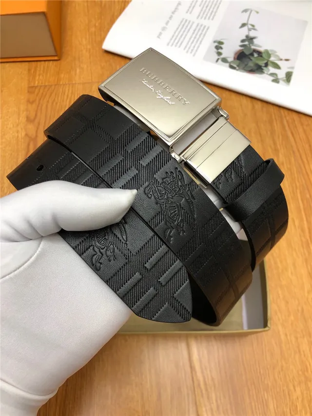 Burberry Knight Black Silver Embossed House Check Pattern Brushed Rectangular Buckle Leather Belt 16