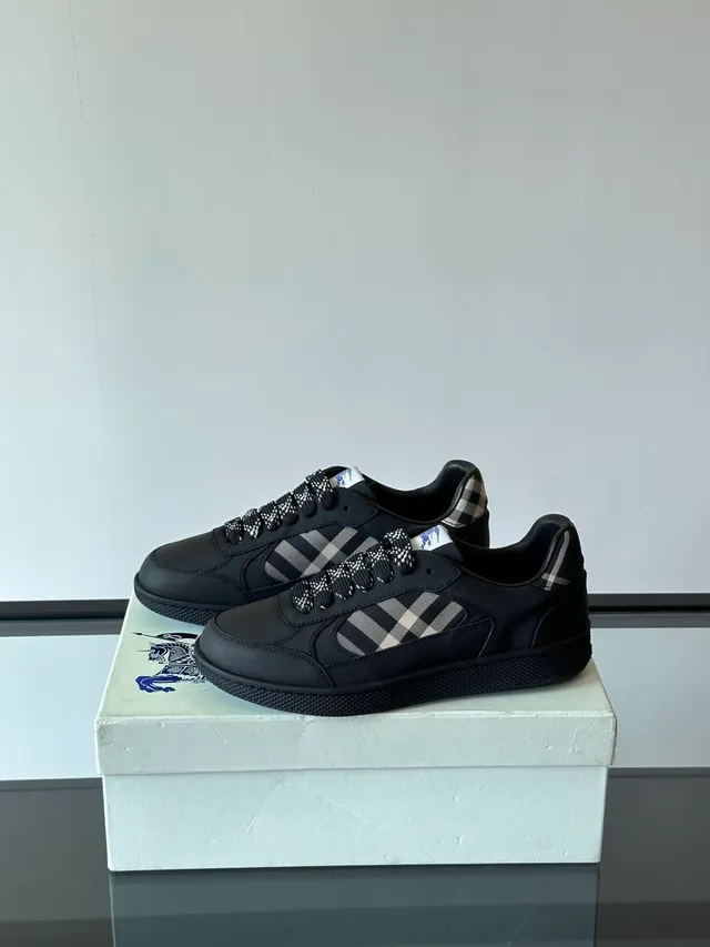 Burberry Lola Negro Beige Cuero Parte Superior House Check Detalle Panel Zapatillas de estilo de vida 4