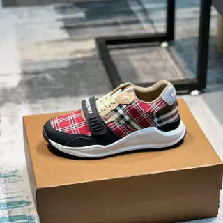 Burberry Red Black Plaid-Paneled Strap-Accented Lifestyle Sneakers