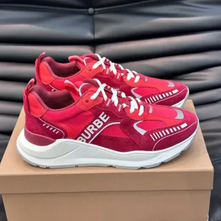 Burberry Red White Mixed Suede And Textile Upper Sculpted Midsole Chunky Sneakers