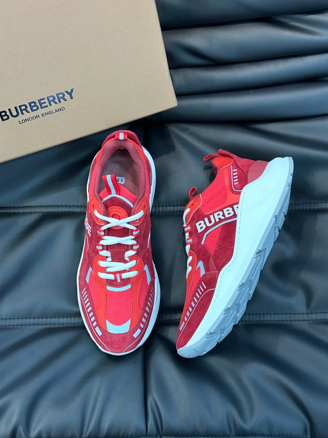 Burberry Red White Mixed Suede And Textile Upper Sculpted Midsole Chunky Sneakers 4