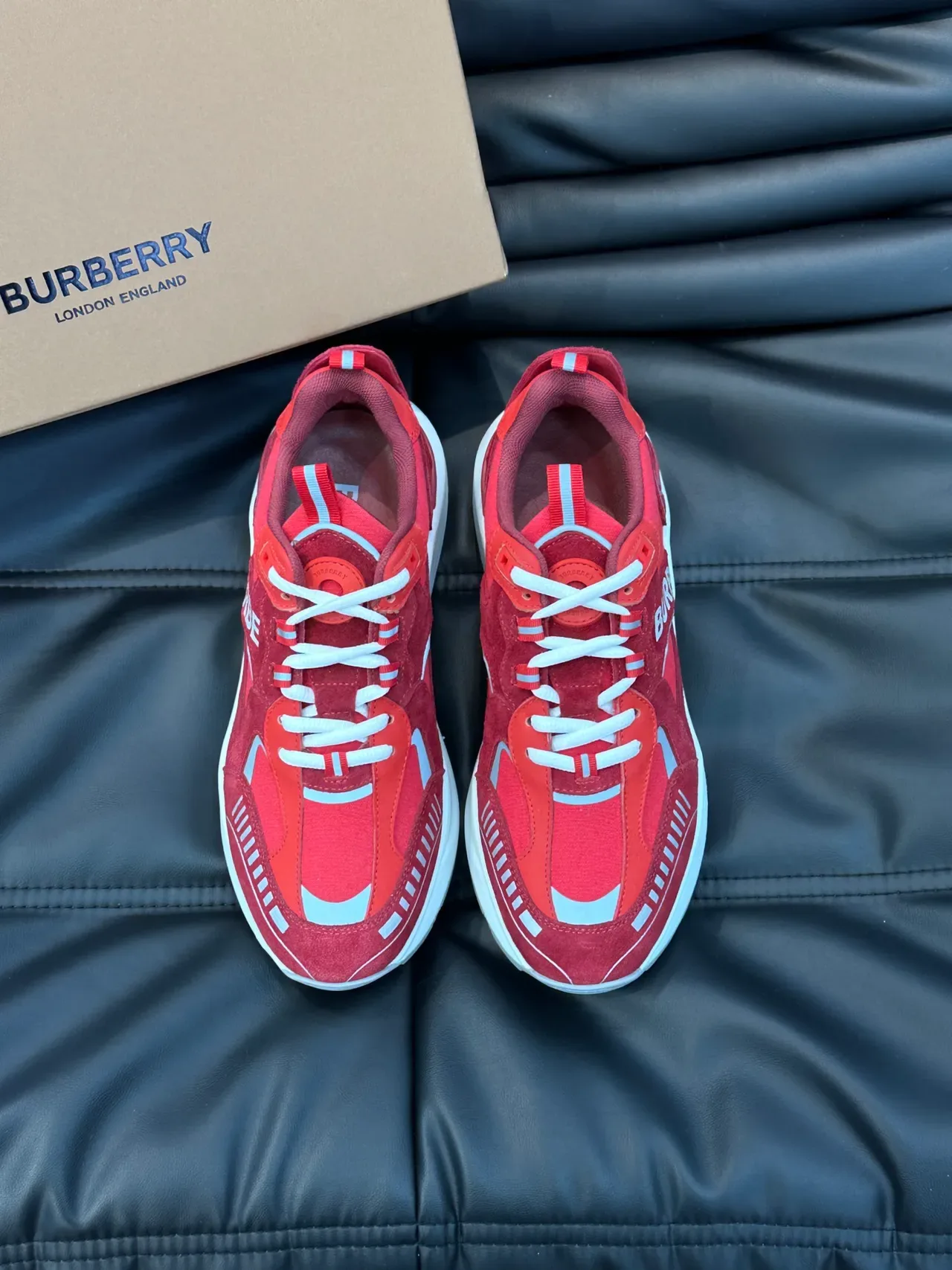 Burberry Red White Mixed Suede And Textile Upper Sculpted Midsole Chunky Sneakers 5