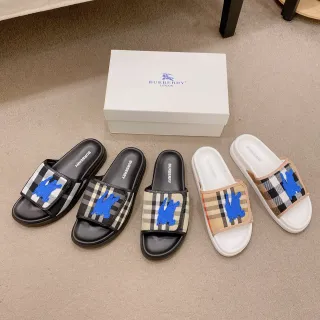 Burberry Slide কালো নীল চেক-প্যাটার্ন স্ট্র্যাপ উঁচু ঘোড়া সওয়ার নাইট মোটিফ স্লিপার্স
