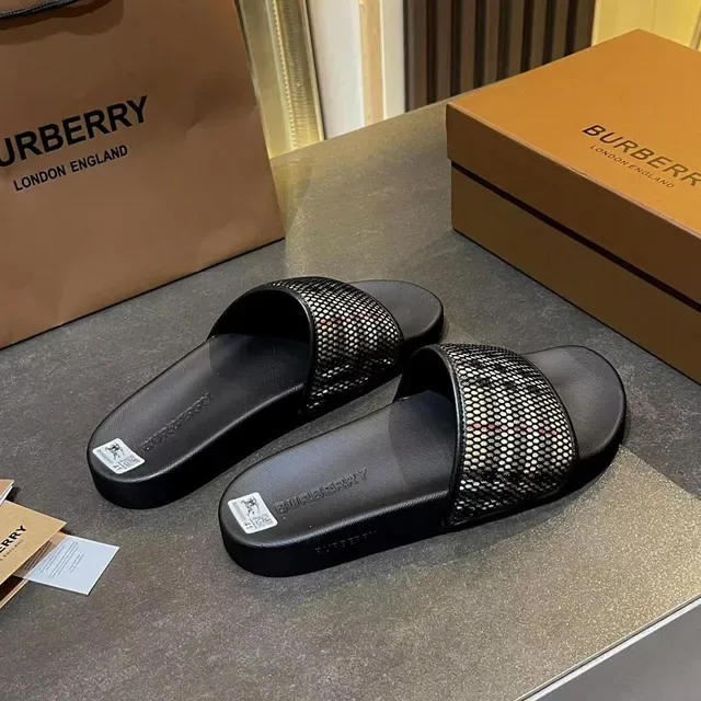 Burberry Slide Black Multicolor Molded Rubber Sole Perforated Mesh Strap Slippers 5