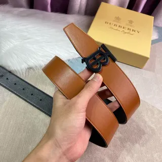Burberry TB Belt Brown Black Tan Smooth Monogram Buckle Leather Belt