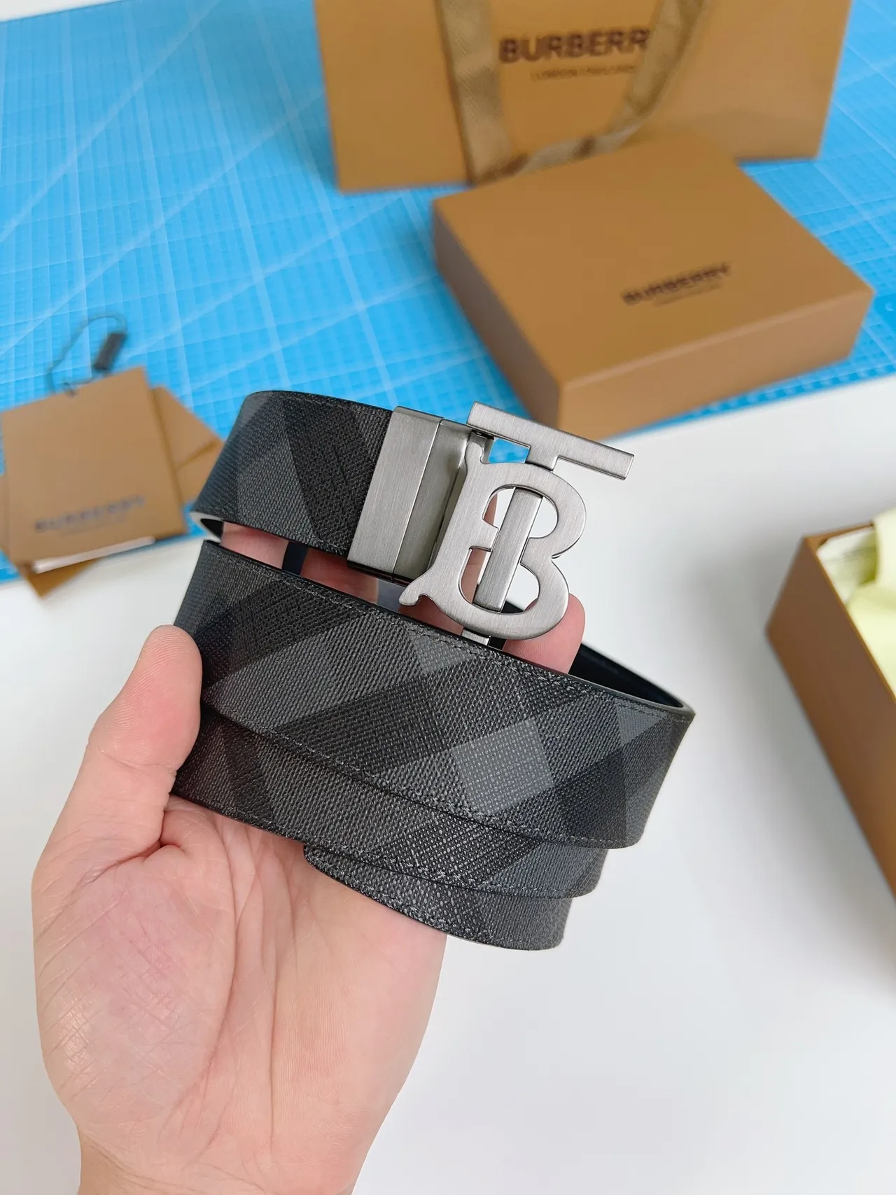 Burberry TB Monogram Check Belt Leather Belt 6