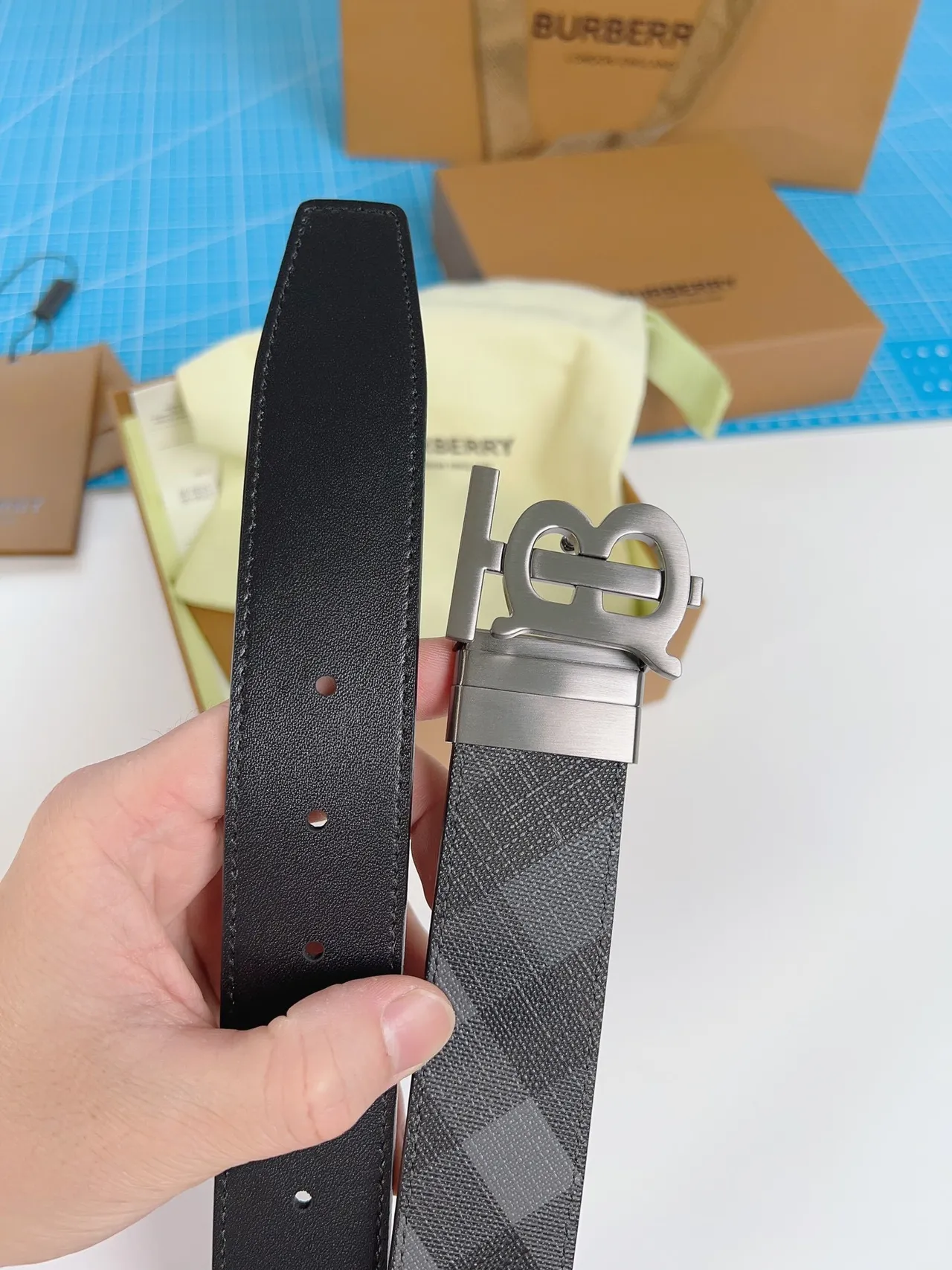 Burberry TB Monogram Check Belt Leather Belt 9