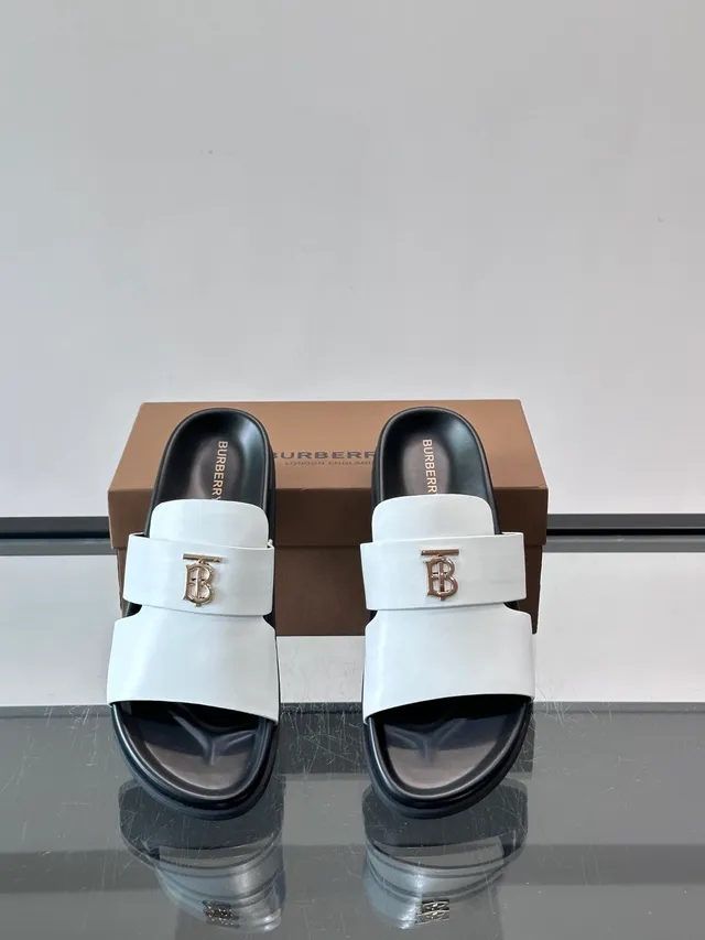 Burberry TB Summer Slide Double-Strap Monogram Slippers 4