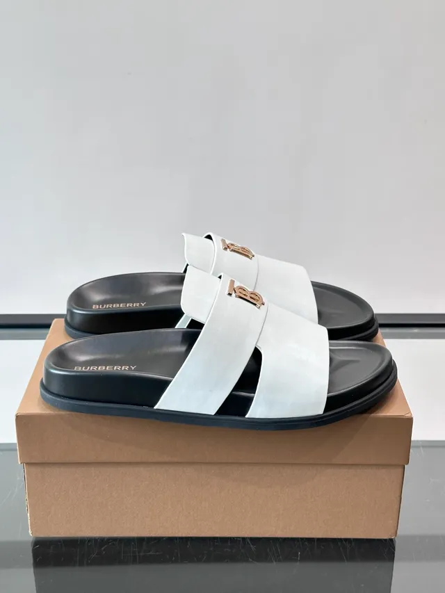 Burberry TB Summer Slide Double-Strap Monogram Slippers 9