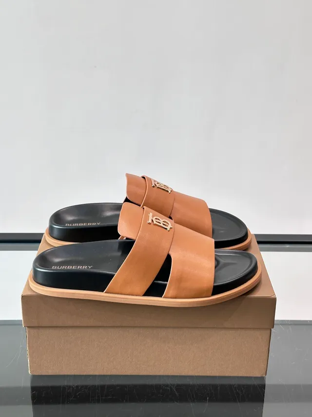 Burberry TB Summer Slide Double-Strap Monogram Slippers 13
