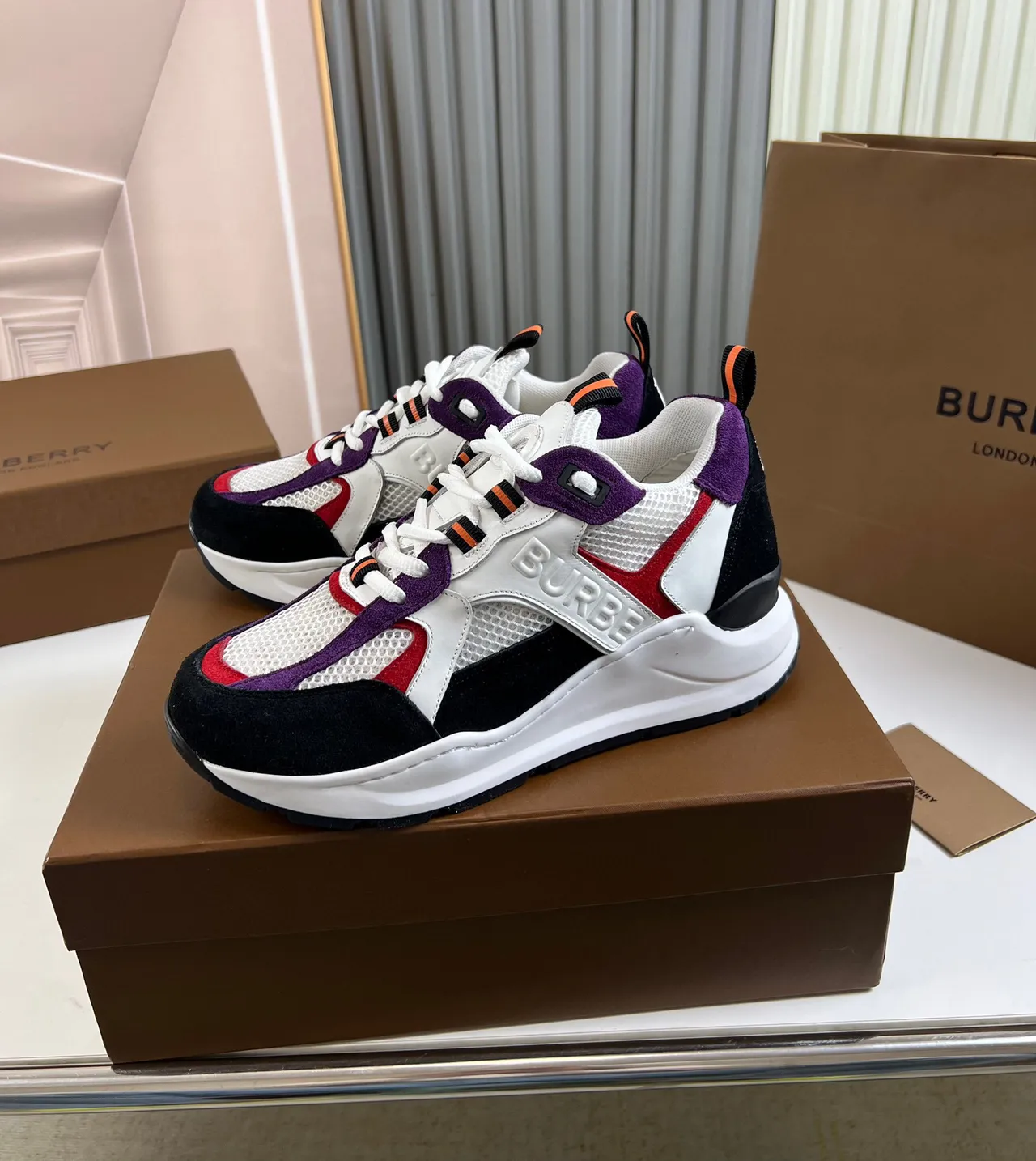 Burberry White Multicolor Multi-Panel Construction Embossed Logo Chunky Sneakers 8