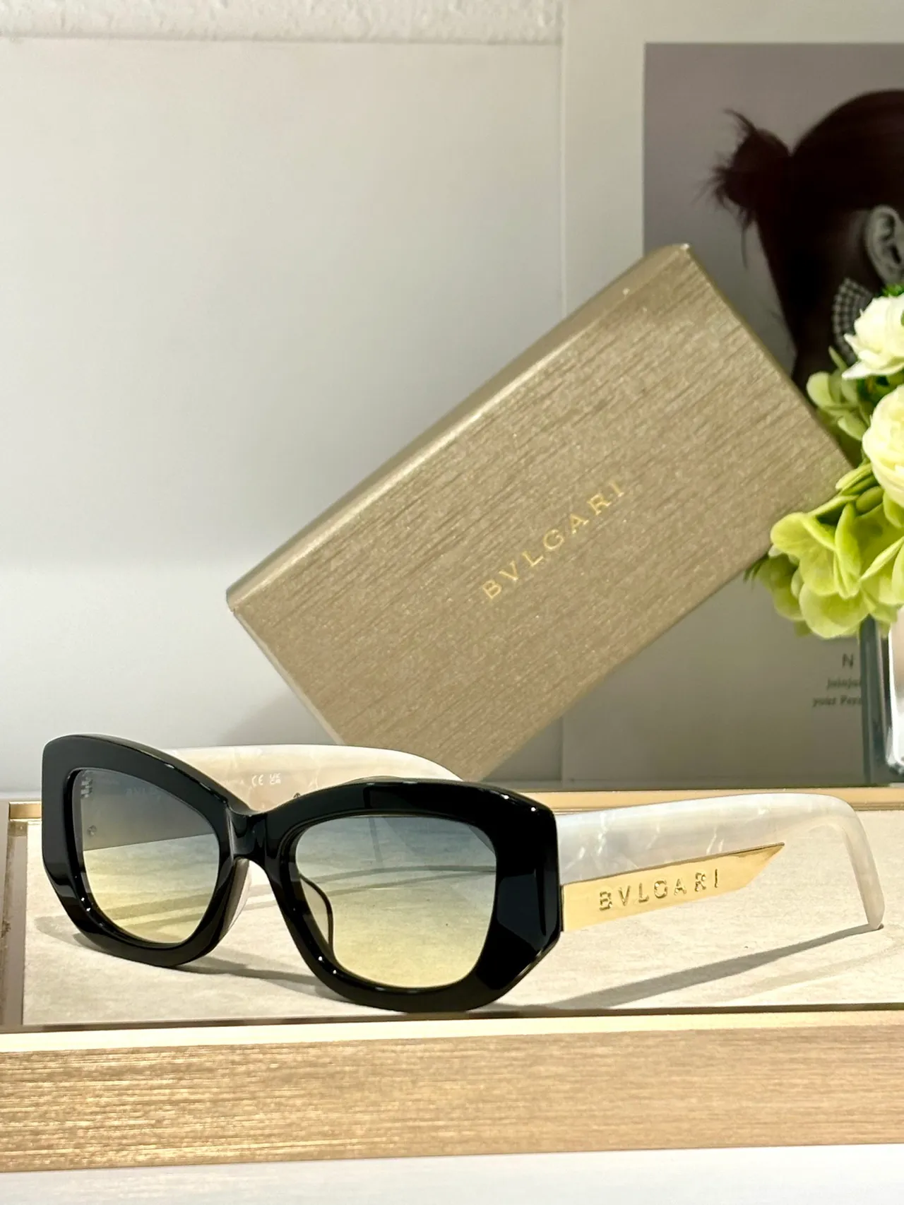 Bvlgari نظارات شمسية زاوية عين القطة رخام أسود تدرجي عدسة 9
