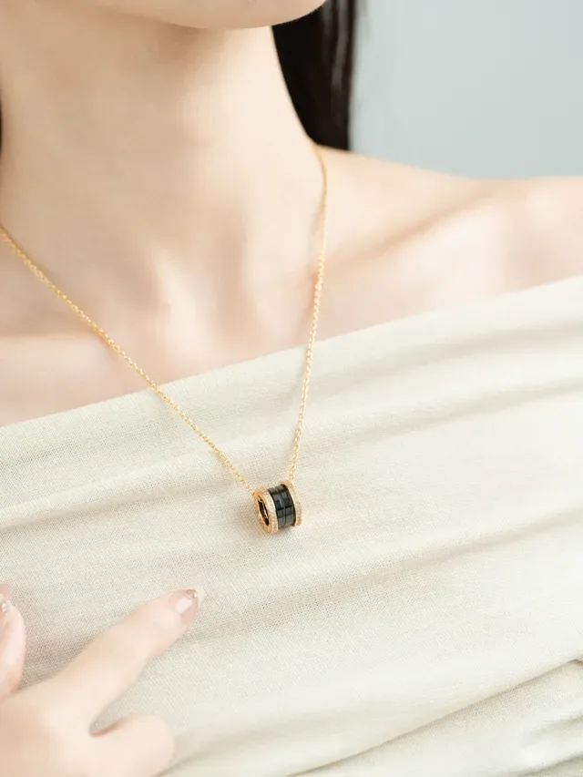 Bvlgari B.zero1 Gold Black Cylindrical Multi-Ring Pendant Pavé-Set Diamond Bezel Necklace 5