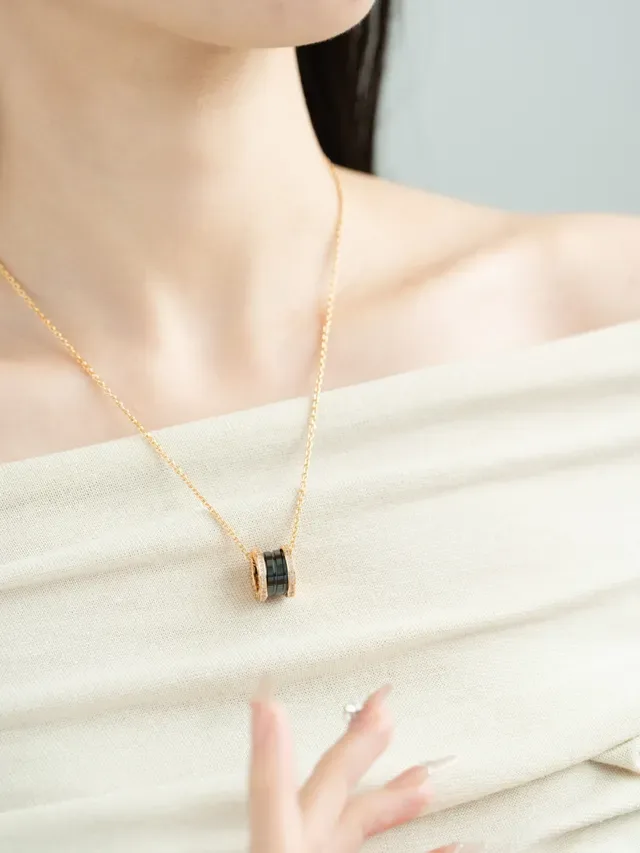 Bvlgari B.zero1 Gold Black Cylindrical Multi-Ring Pendant Pavé-Set Diamond Bezel Necklace 6