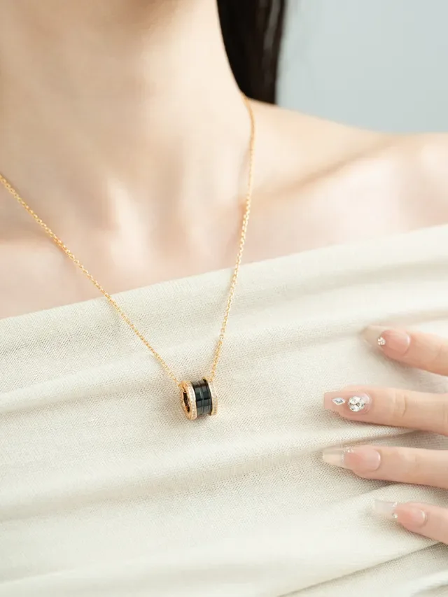 Bvlgari B.zero1 Gold Black Cylindrical Multi-Ring Pendant Pavé-Set Diamond Bezel Necklace 7