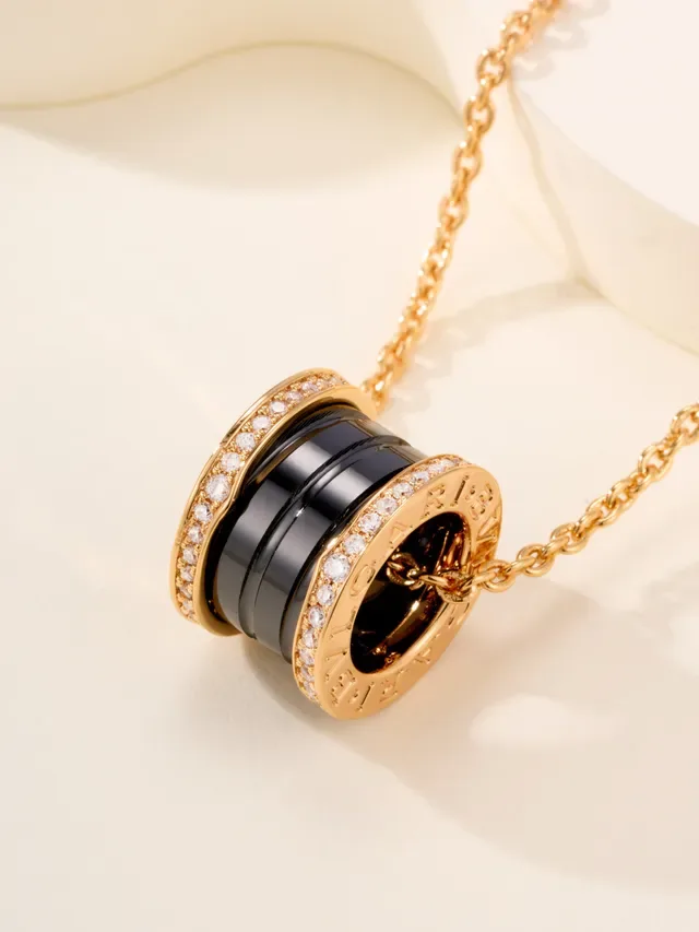 Bvlgari B.zero1 Gold Black Cylindrical Multi-Ring Pendant Pavé-Set Diamond Bezel Necklace 11