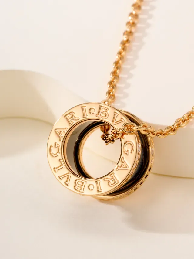 Bvlgari B.zero1 Gold Black Cylindrical Multi-Ring Pendant Pavé-Set Diamond Bezel Necklace 12