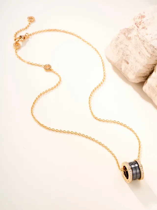 Bvlgari B.zero1 Gold Black Cylindrical Multi-Ring Pendant Pavé-Set Diamond Bezel Necklace 14