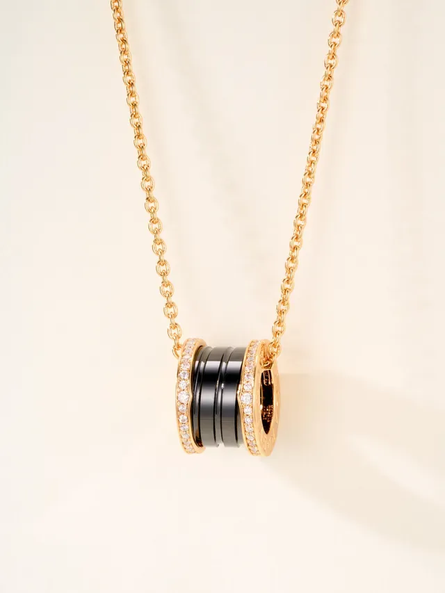 Bvlgari B.zero1 Gold Black Cylindrical Multi-Ring Pendant Pavé-Set Diamond Bezel Necklace 16