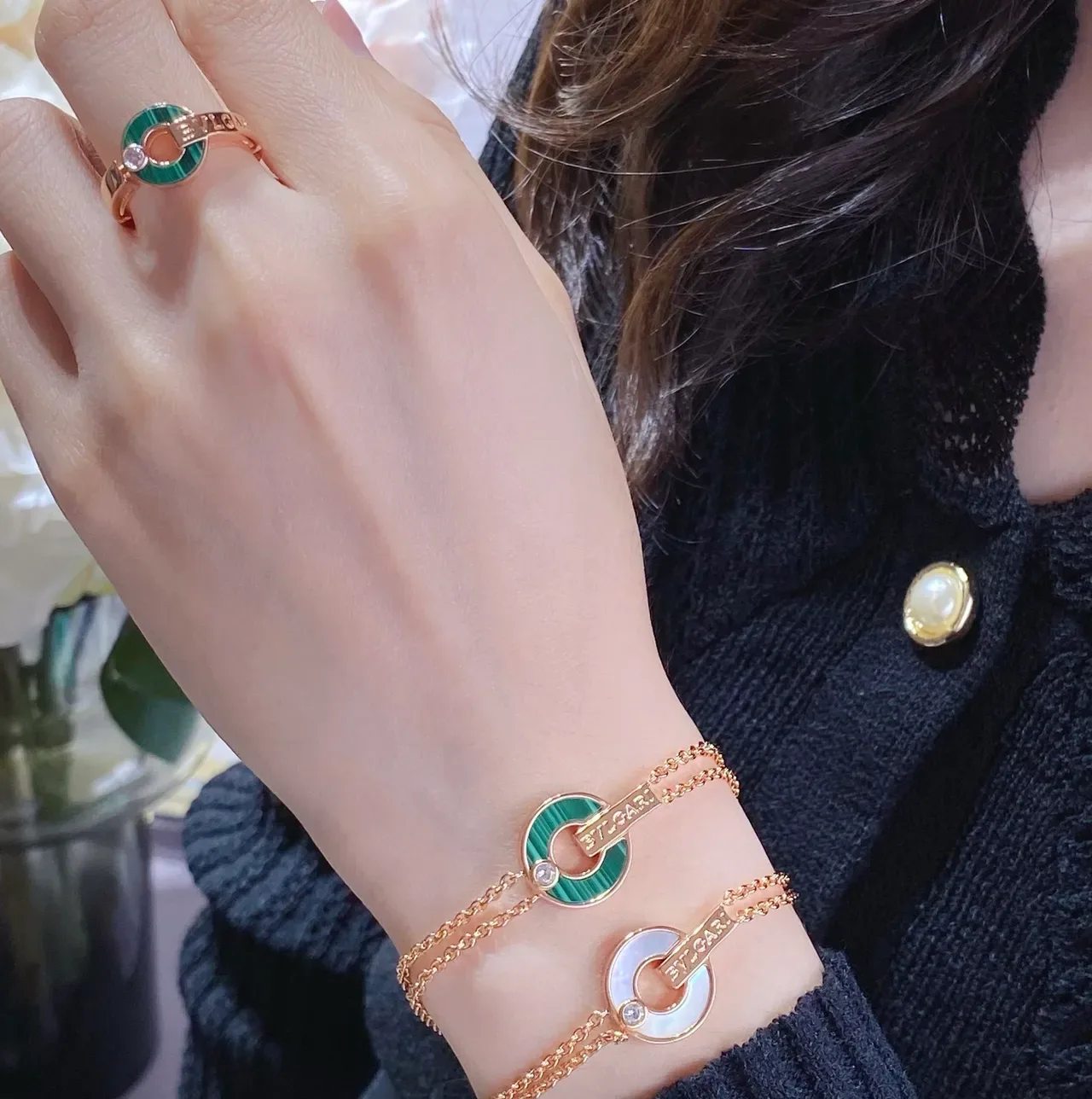 Bvlgari B.zero1 Love bracelets chaîne or rose émail vert et blanc 9