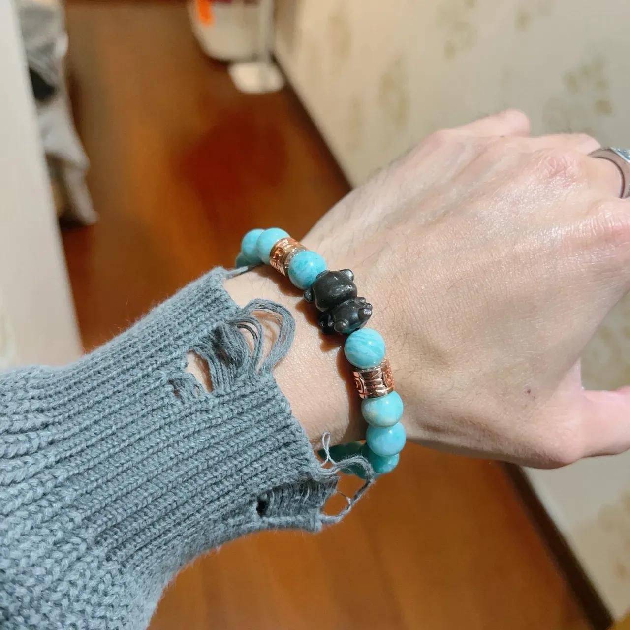 Bvlgari Bracelet Perles Élastique Style Turquoise Amazonite Bleu Noir 2