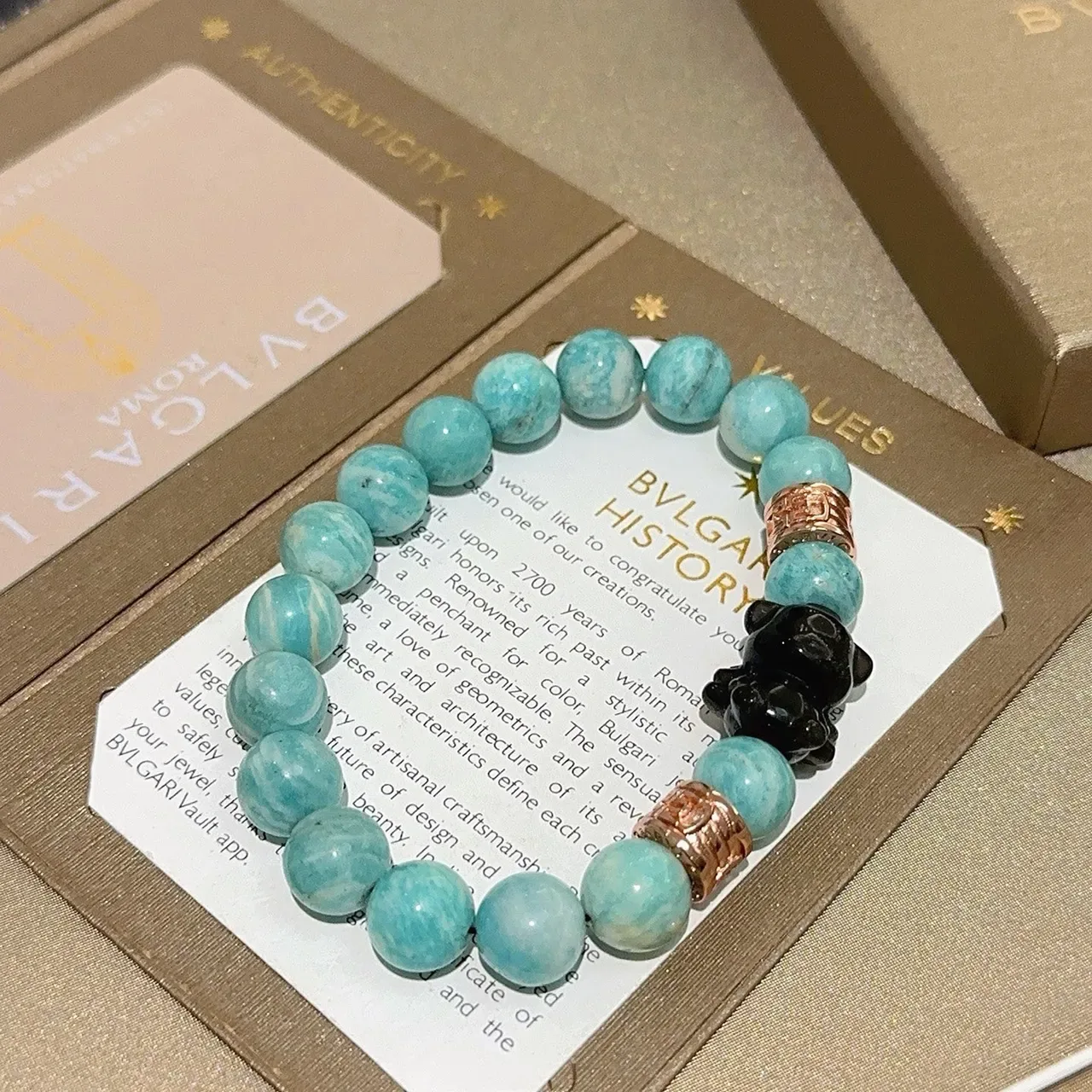 Bvlgari Bracelet Perles Élastique Style Turquoise Amazonite Bleu Noir 3