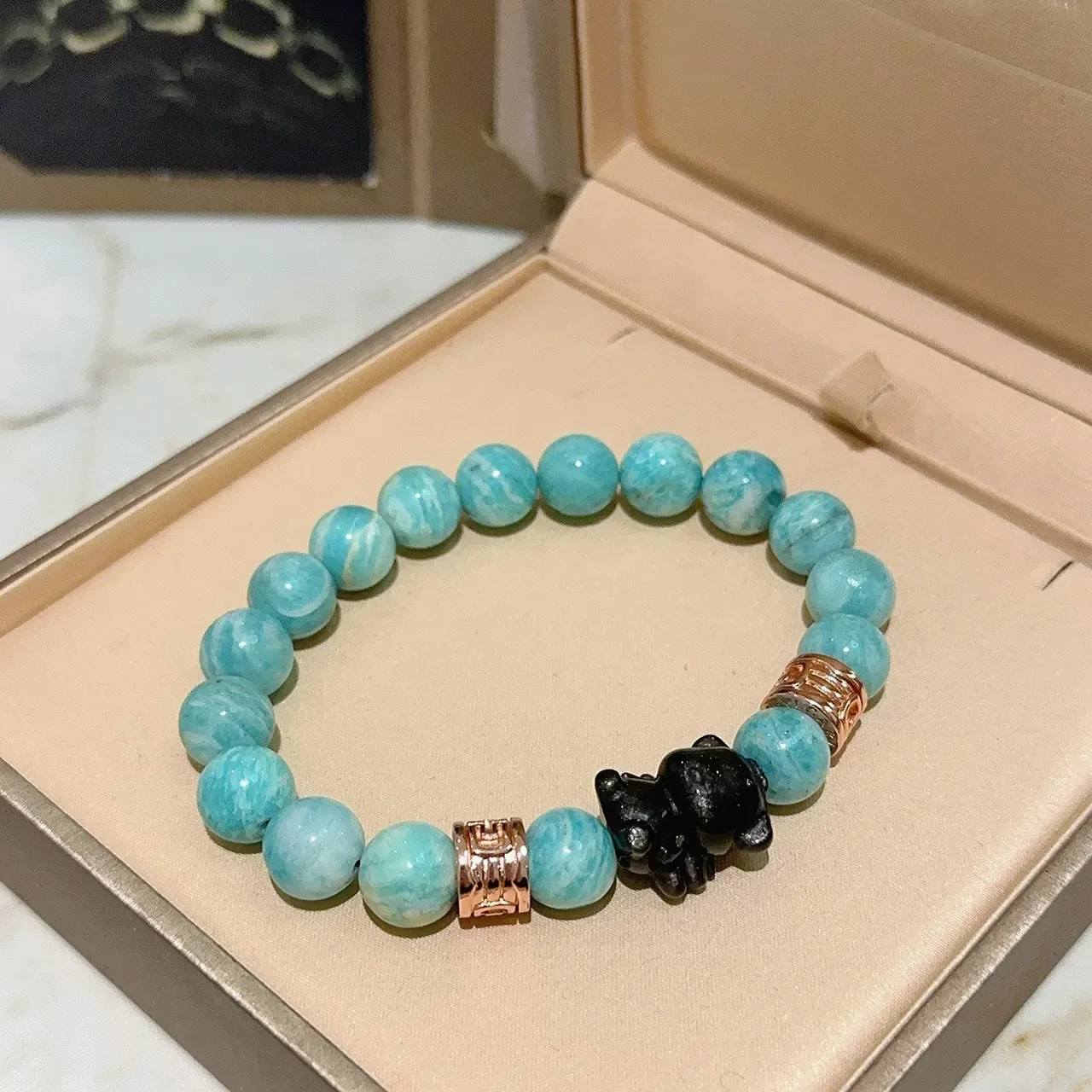 Bvlgari Bracelet Perles Élastique Style Turquoise Amazonite Bleu Noir 4