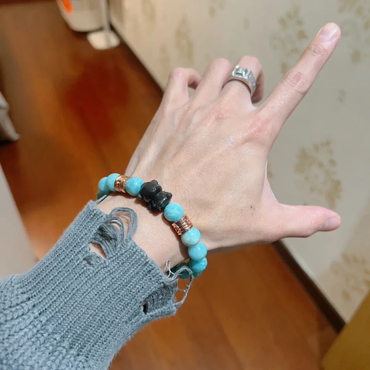 Bvlgari Bracelet Perles Élastique Style Turquoise Amazonite Bleu Noir 5